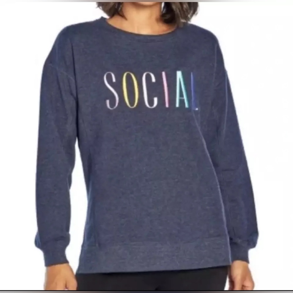 Wildfox‎ SOCIAL Embroidered Crewneck Side Slit Sweatshirt Size M